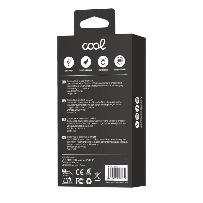 Cable USB Compatible COOL Universal TIPO-C a TIPO-C (1.2 metros) Blanco 3 Amp