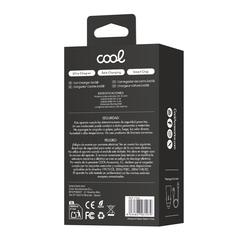 Cargador Coche Cable Tipo C (2 x Usb) COOL 2.4A Kit 2 en 1 Negro