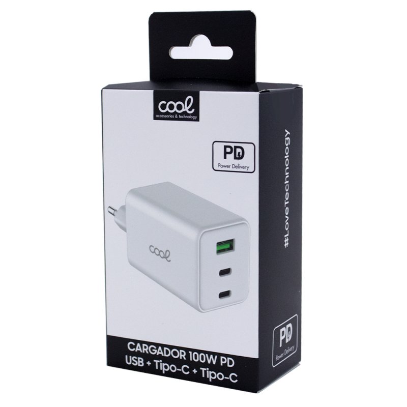 Cargador Red Universal Ultra Fast PD Port x3 (2x Tipo-C + 1x USB) COOL 100W GaN Blanco