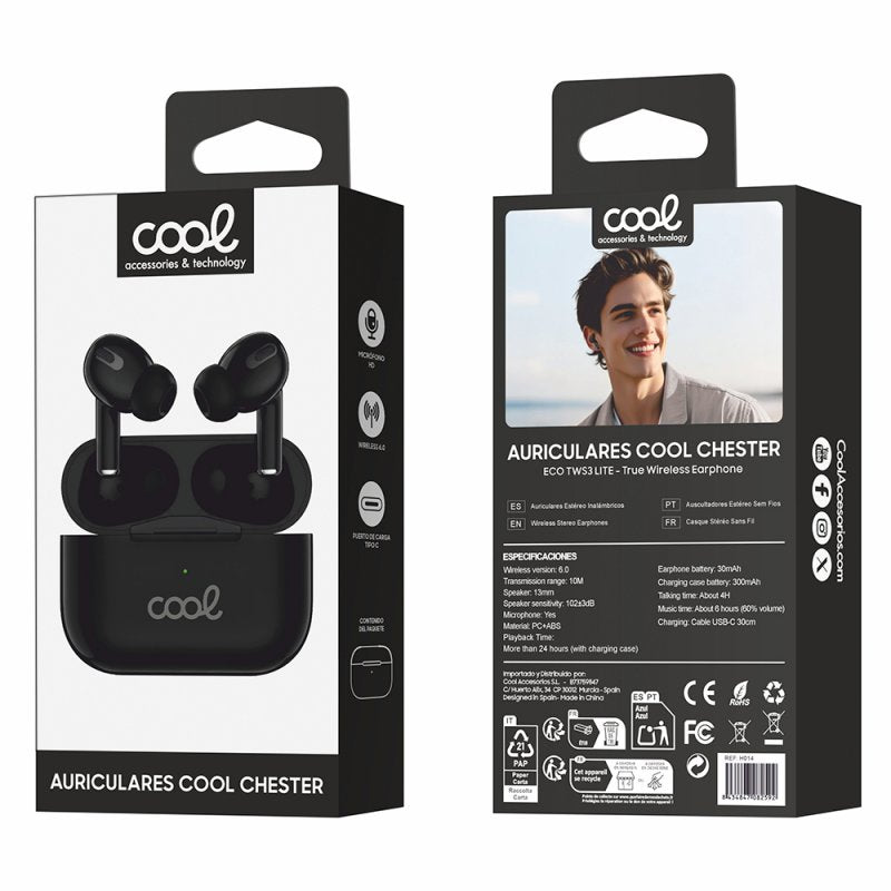 Auriculares Stereo Bluetooth Earbuds COOL Chester Negro