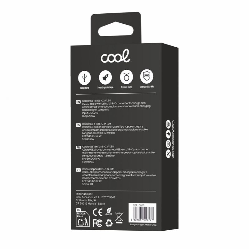 Cable USB Compatible COOL Universal TIPO-C (1.2 metros) Negro 2.4 Amp