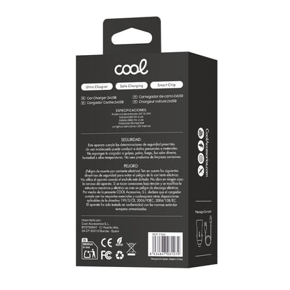 Cargador Coche Cable Tipo C (2 x Usb) COOL 2.4A Kit 2 en 1 Negro