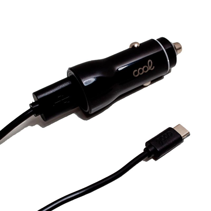 Cargador Coche Cable Tipo C (2x USB + Tipo-C) COOL 38W Kit 2 en 1 Negro