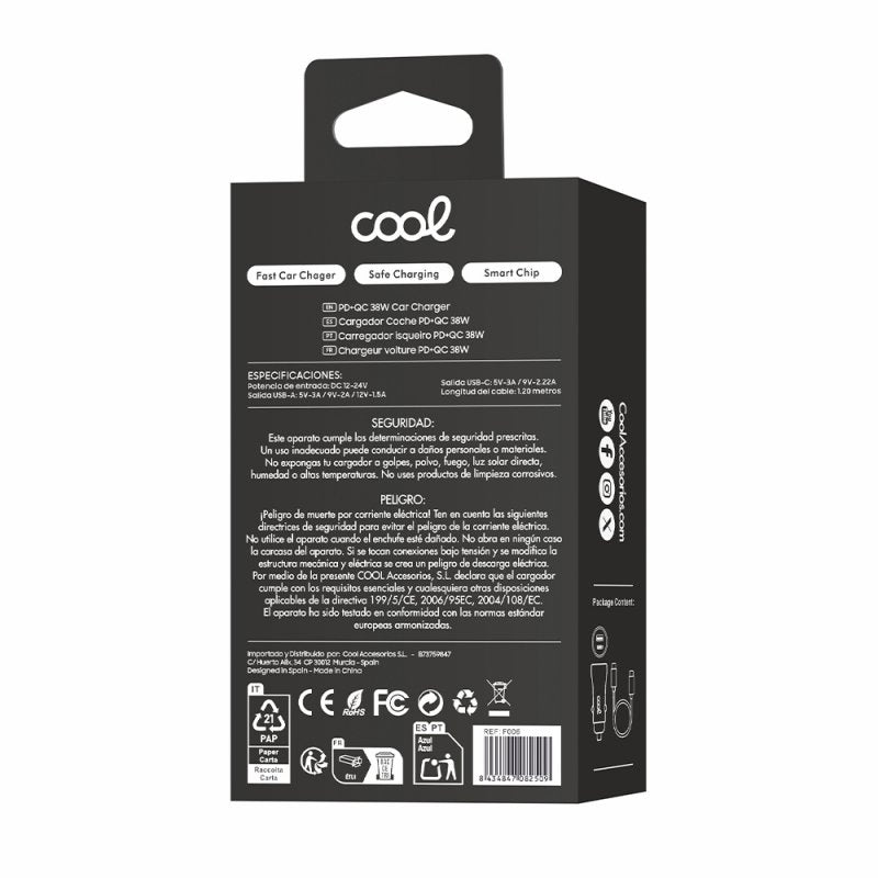 Cargador Coche Cable Tipo C (2x USB + Tipo-C) COOL 38W Kit 2 en 1 Negro