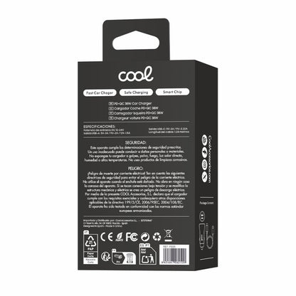 Cargador Coche Cable Tipo C (2x USB + Tipo-C) COOL 38W Kit 2 en 1 Negro