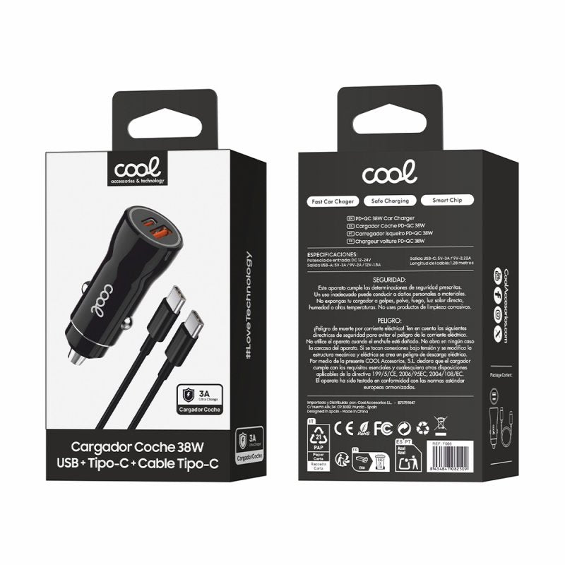 Cargador Coche Cable Tipo C (2x USB + Tipo-C) COOL 38W Kit 2 en 1 Negro
