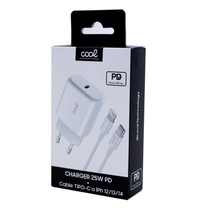 Cargador Red Universal Fast Adapt. (PD) Tipo-C COOL (25W) Blanco + Cable Tipo-C a Lightning
