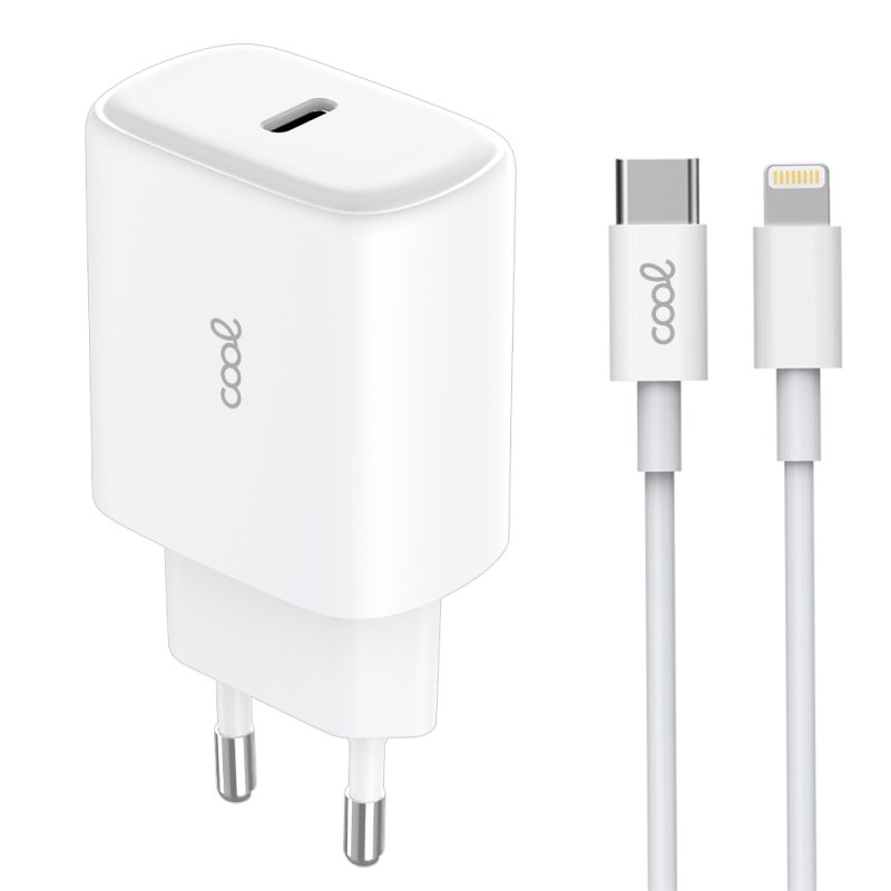 Cargador Red Universal Fast Adapt. (PD) Tipo-C COOL (25W) Blanco + Cable Tipo-C a Lightning