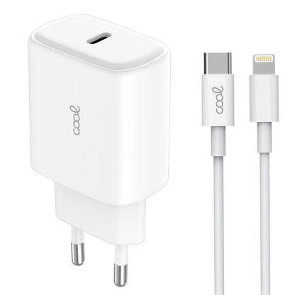 Cargador Red Universal Fast Adapt. (PD) Tipo-C COOL (25W) Blanco + Cable Tipo-C a Lightning