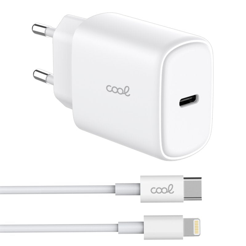Cargador Red Universal Fast Adapt. (PD) Tipo-C COOL (25W) Blanco + Cable Tipo-C a Lightning