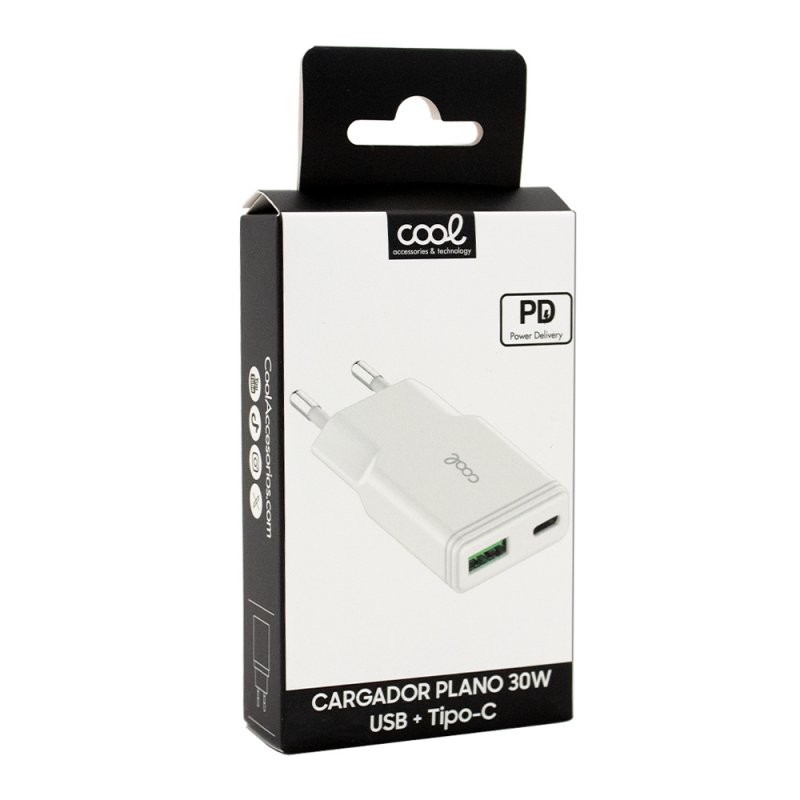 Cargador Red Universal Fast Charger (PD) Tipo-C / USB Dual COOL Plano (30W) Blanco