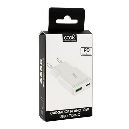Cargador Red Universal Fast Charger (PD) Tipo-C / USB Dual COOL Plano (30W) Blanco