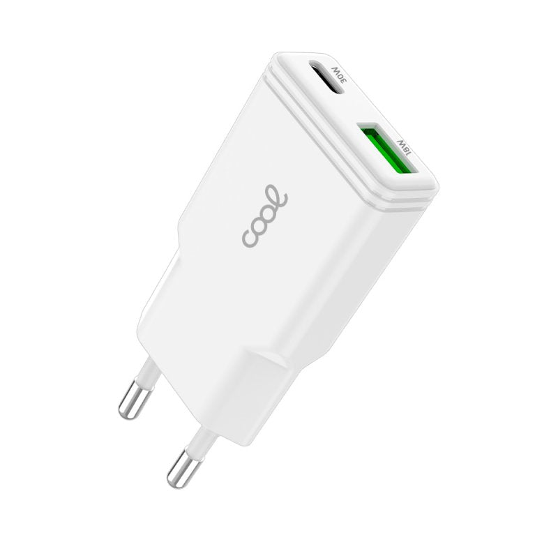 Cargador Red Universal Fast Charger (PD) Tipo-C / USB Dual COOL Plano (30W) Blanco