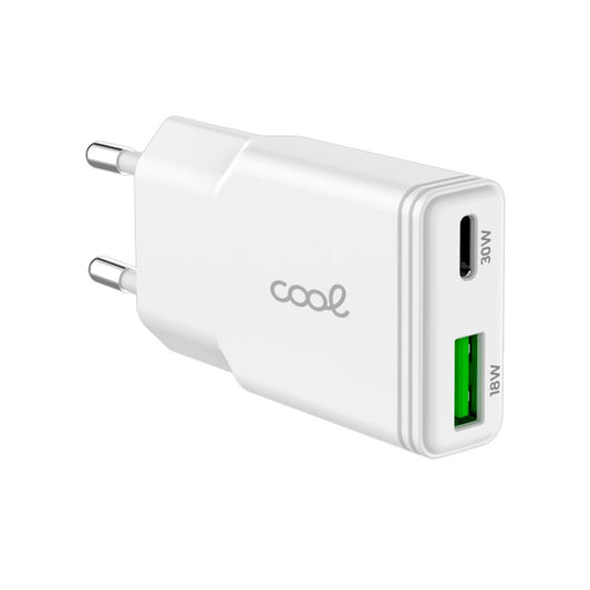 Cargador Red Universal Fast Charger (PD) Tipo-C / USB Dual COOL Plano (30W) Blanco