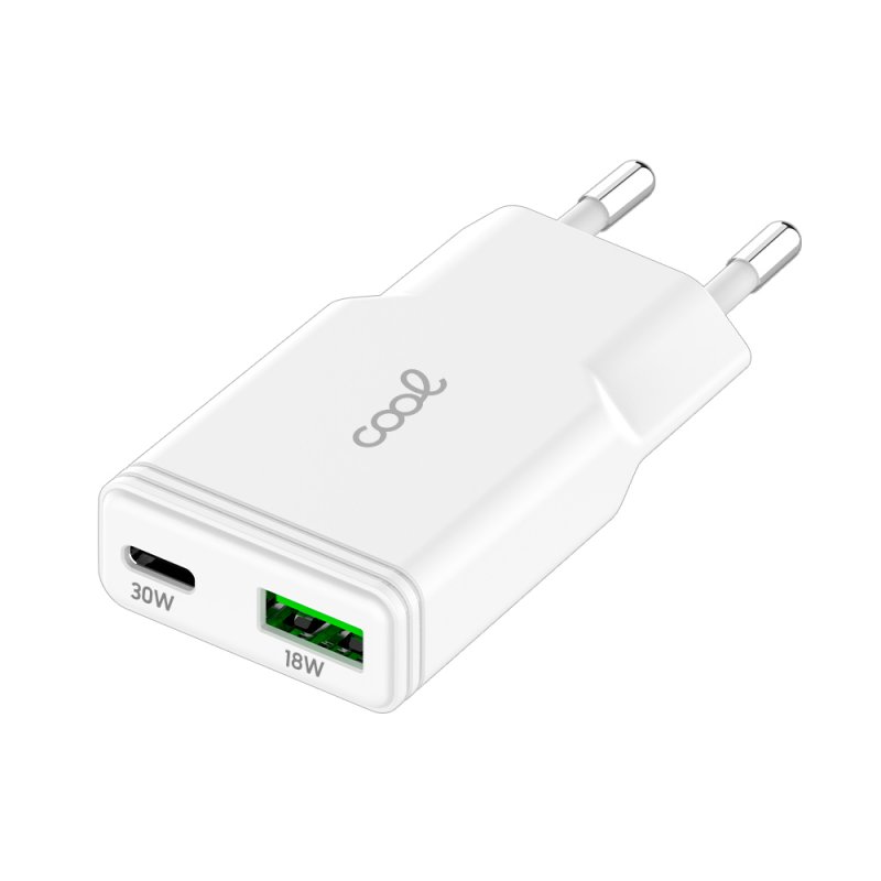 Cargador Red Universal Fast Charger (PD) Tipo-C / USB Dual COOL Plano (30W) Blanco
