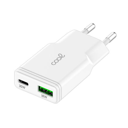 Cargador Red Universal Fast Charger (PD) Tipo-C / USB Dual COOL Plano (30W) Blanco