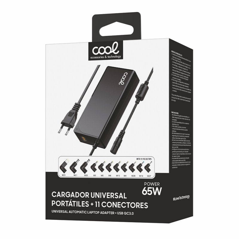 Cargador Red Universal Ordenad. Portátiles 65w Automático COOL + 11 conectores (USB QC3.0)