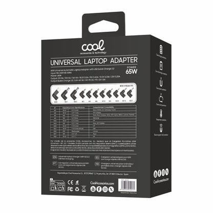Cargador Red Universal Ordenad. Portátiles 65w Automático COOL + 11 conectores (USB QC3.0)