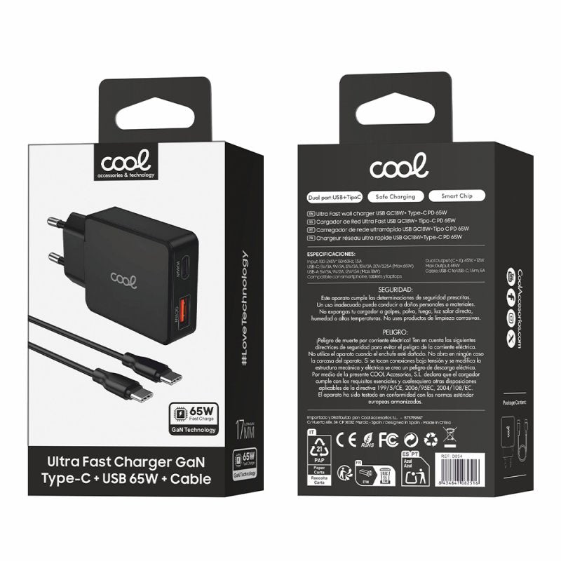 Cargador Red Universal Ultra Fast PD Tipo-C + USB COOL (65W + Cable Tipo-C) GaN Negro