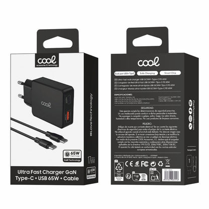 Cargador Red Universal Ultra Fast PD Tipo-C + USB COOL (65W + Cable Tipo-C) GaN Negro