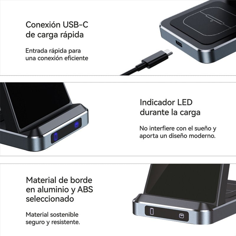 Dock Base Qi Cargador Inalámbrico 3 en 1 COOL Negro