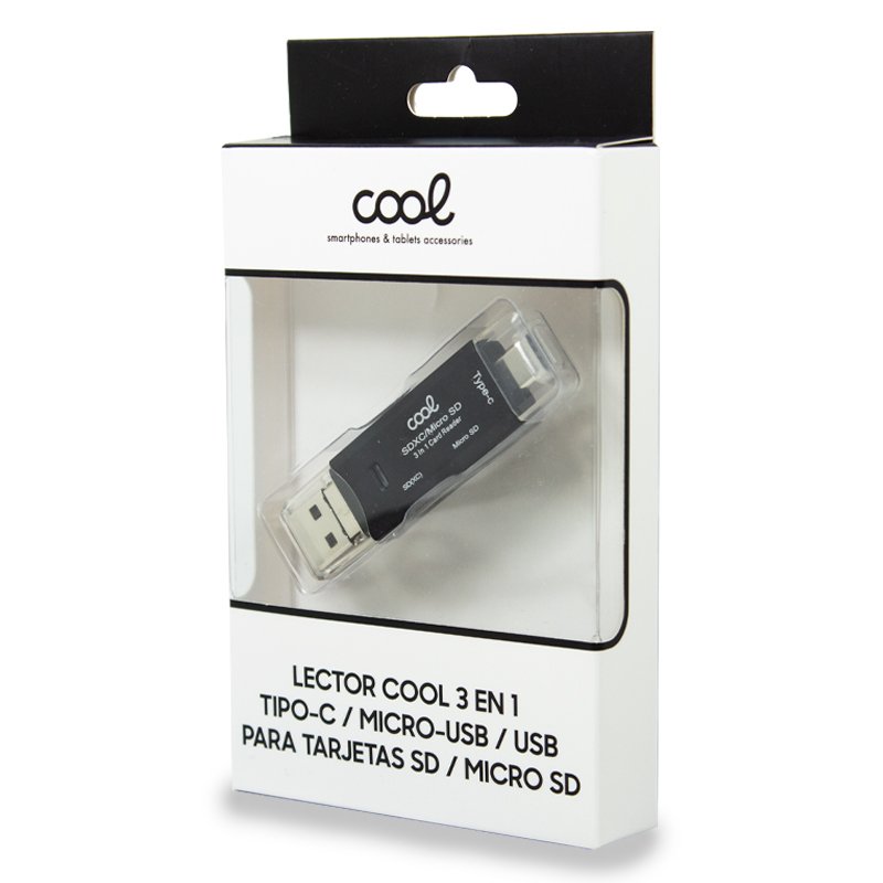 Lector Tarjetas Memoria Universal COOL 3 en 1 (Tipo-C / Micro-USB / USB)